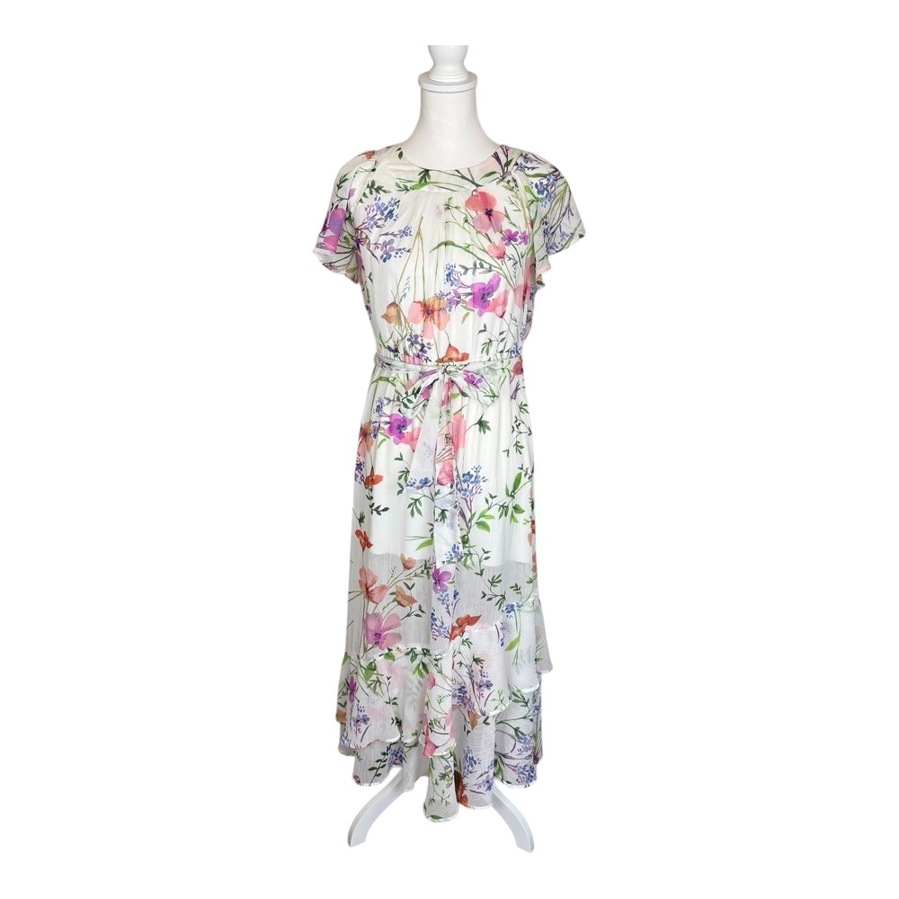 Calvin Klein Floral Chiffon Maxi Dress White Pink‎ Purple Flutter Sleeve Size 4